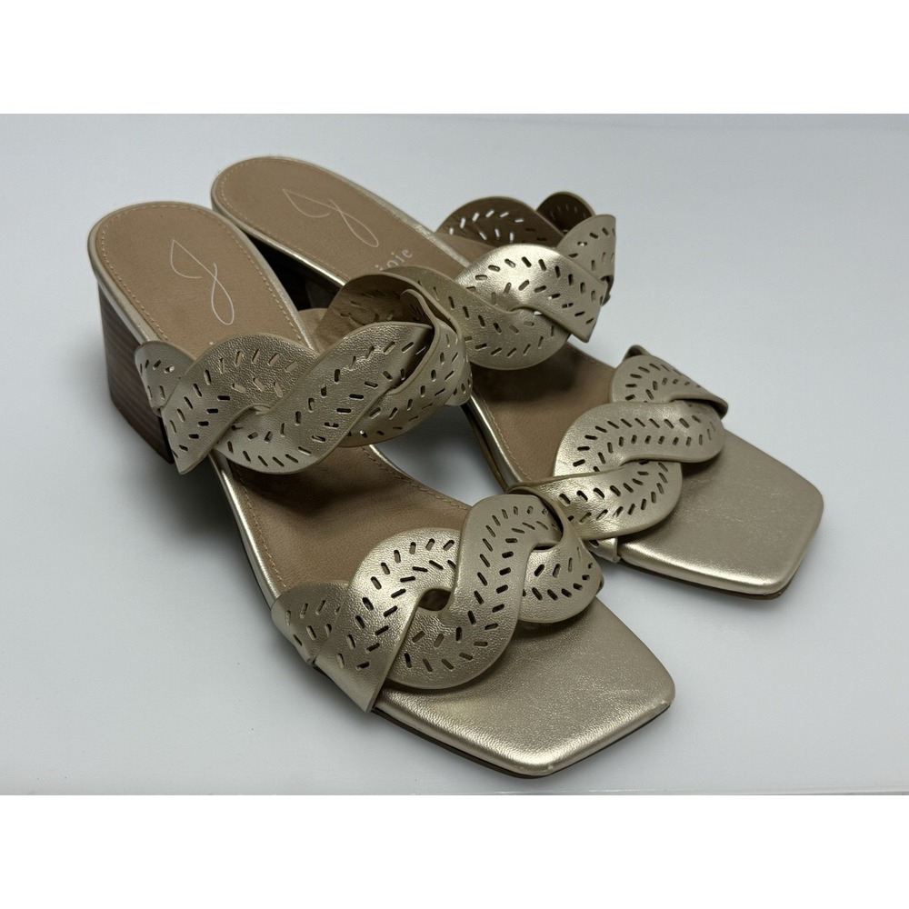 JOIE Sandals Society Slide Women Size 8.5 Gold Square Toe Block Heel Laser Cut